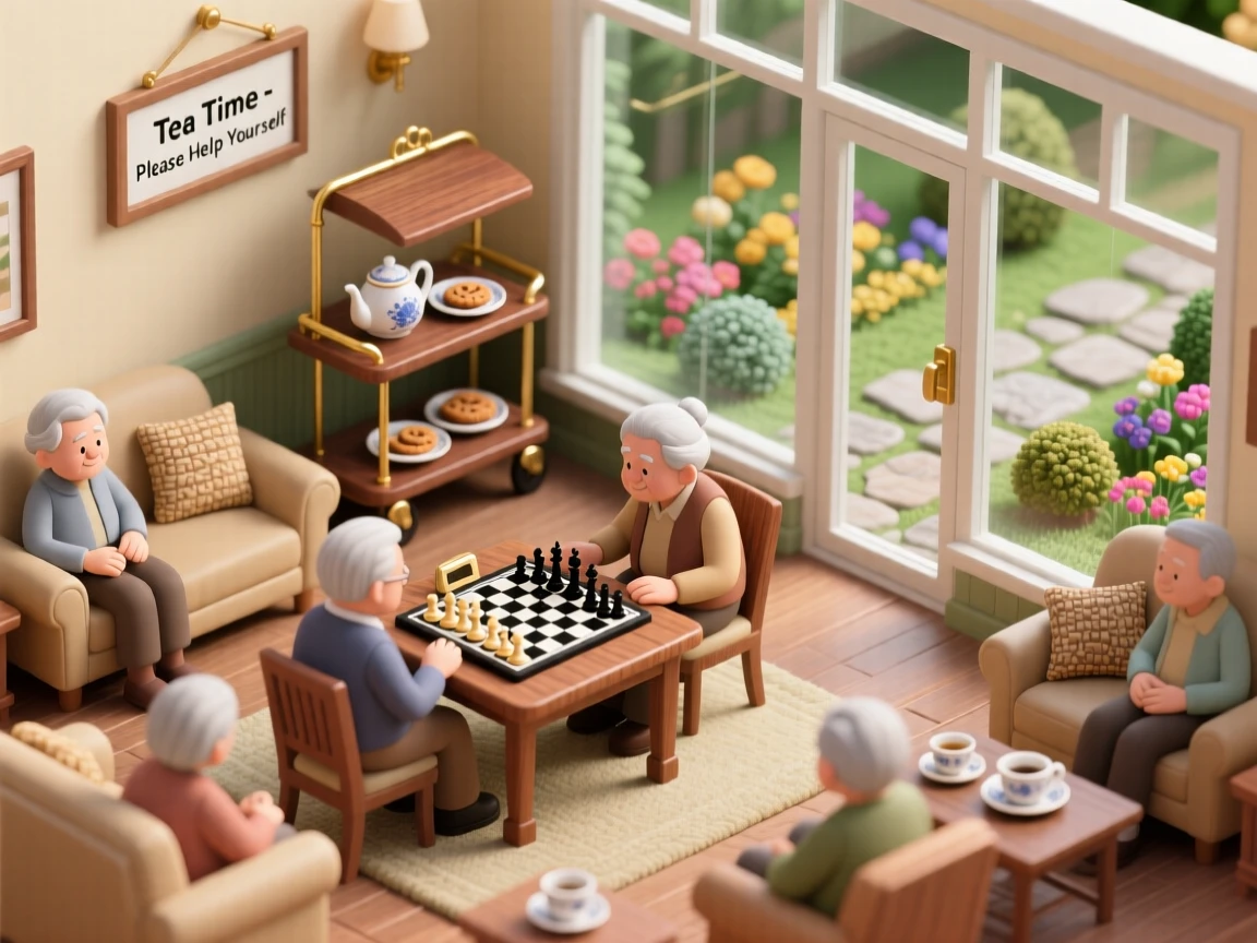 A cozy senior center with residents playing chess, a garden visible through large windows, and tea being served on a cart.