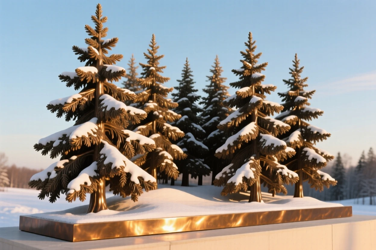 A snow-dusted evergreen forest under a clear winter sky, bathed in the warm hues of golden hour, offering a breathtaking sense of place
