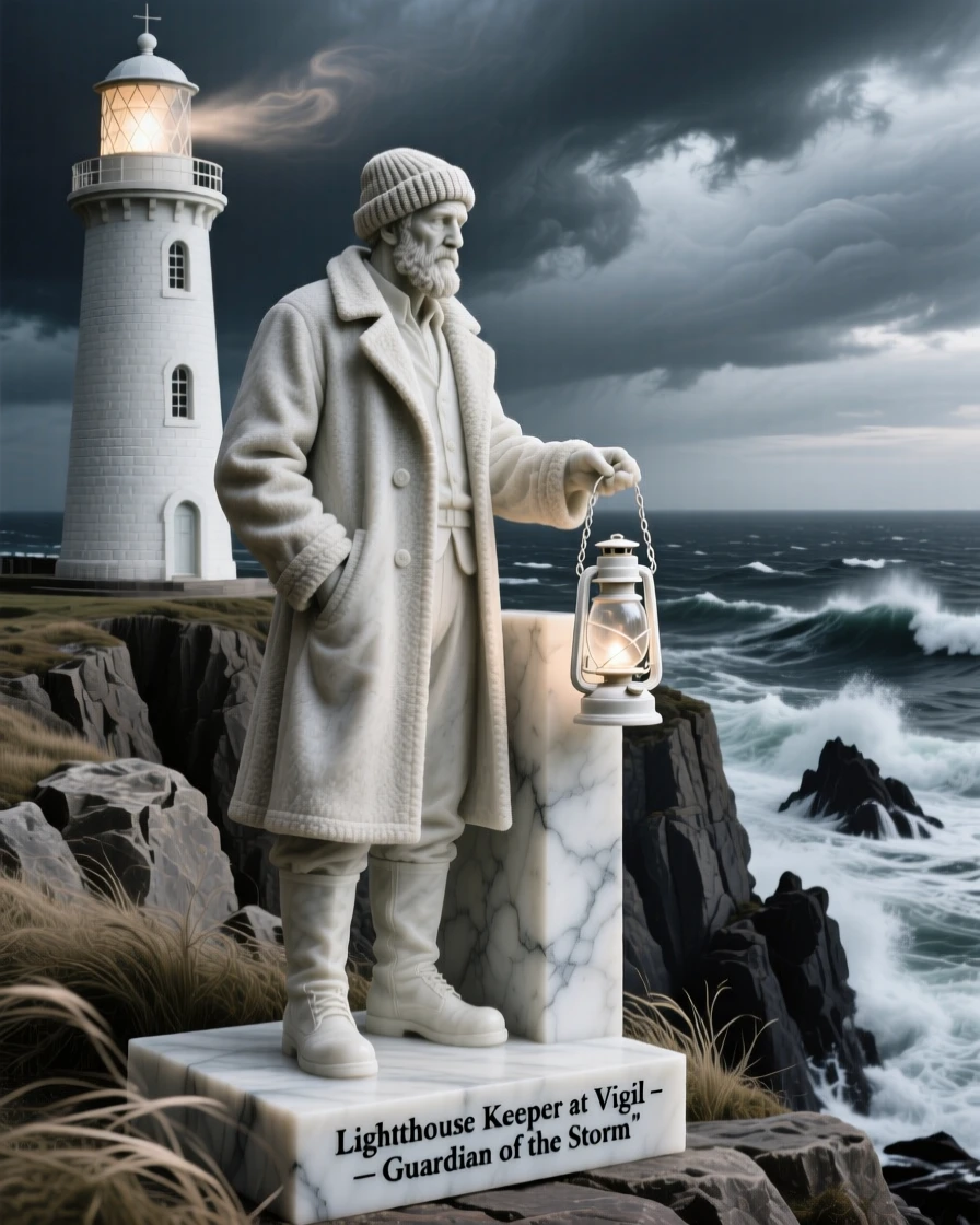 A vivid, emotionally rich scene of a lighthouse keeper watching over a stormy sea, framed by dramatic natural scenery, designed to captivate and inspire