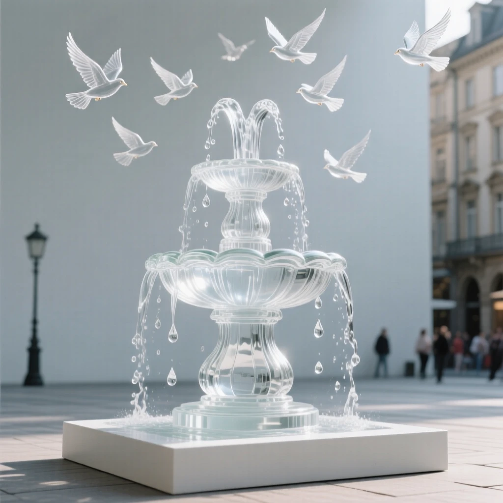 A grand fountain at the center of a bustling city plaza while a flock of birds wheels above the surrounding rooftops