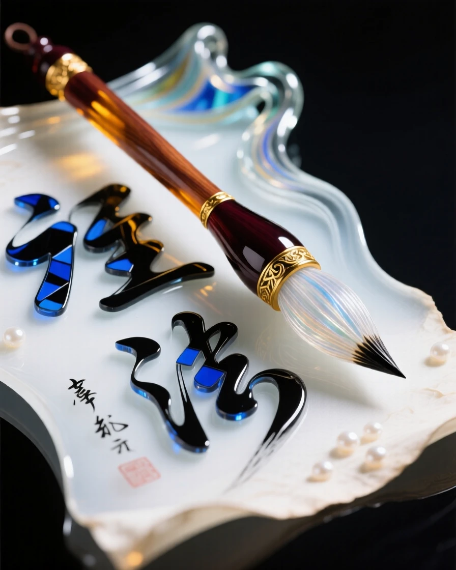 A traditional Chinese calligraphy brush resting beside freshly written characters, meditative and artful.