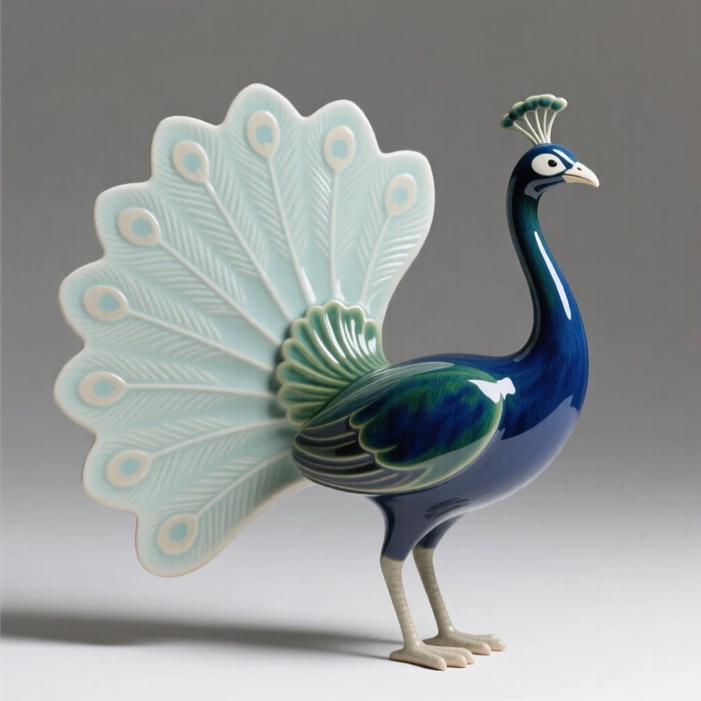 A stylized peacock with an elaborately fanned tail posed with understated, timeless refinement, with an elegant, minimalist silhouette, stirring a sense of understated opulence.
