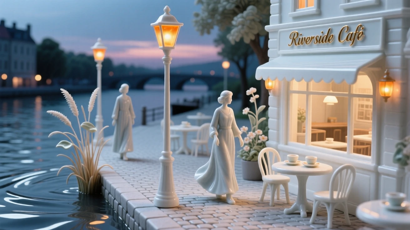 A charming riverside promenade at twilight, warm light spilling from café windows.