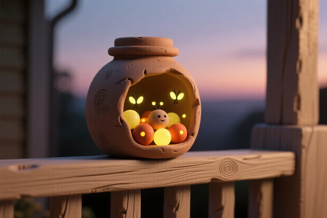 A jar of fireflies glowing softly on a porch railing at dusk