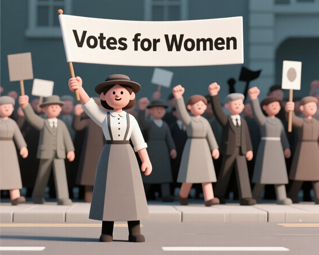 A determined suffragette waves a banner high above a cheering crowd during a historic street march.