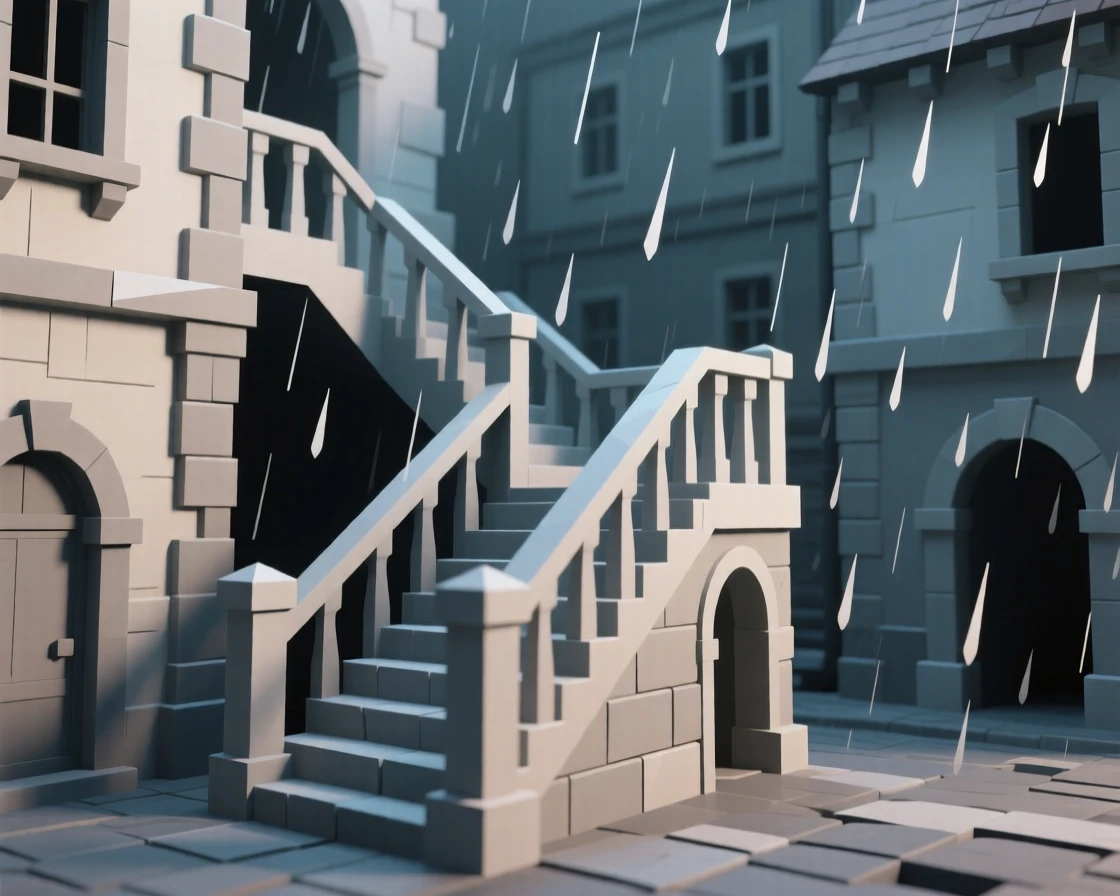 A grand staircase winding through a historic old town, under a gentle evening rain. fine architectural details are rendered with clarity. It captures a feeling of quiet discovery.