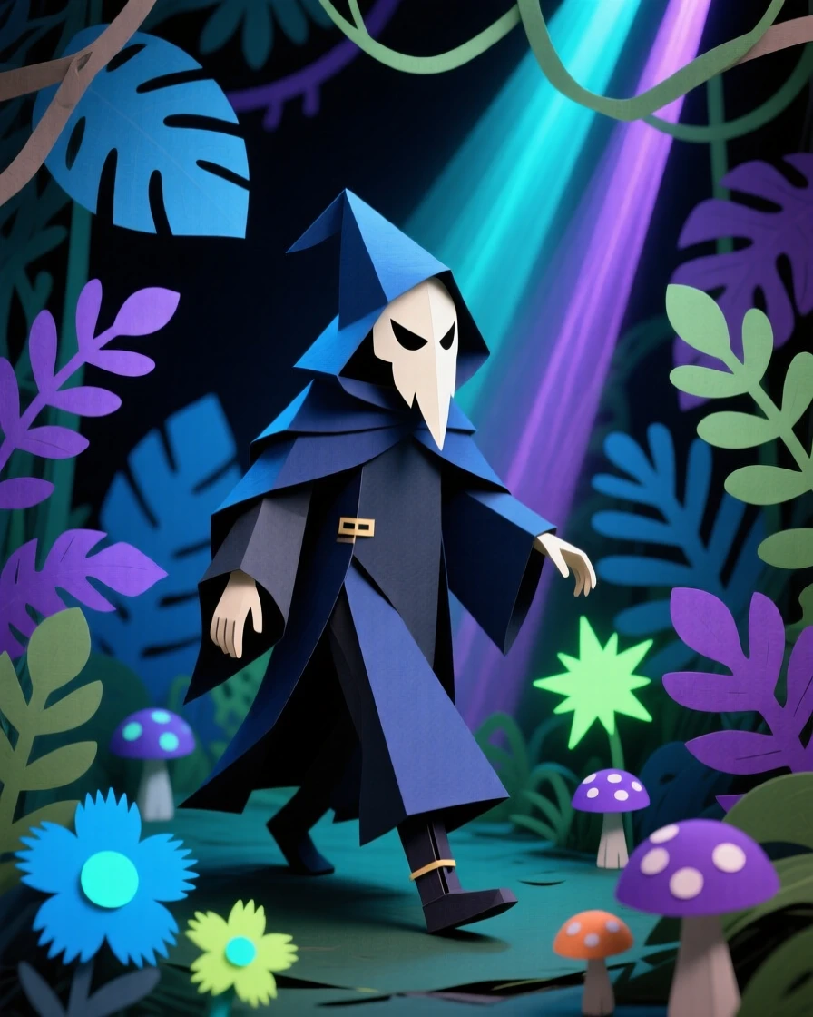 A masked sorcerer wandering through a bioluminescent jungle at night, with shafts of colored light piercing the darkness, conveying magic and quiet awe.