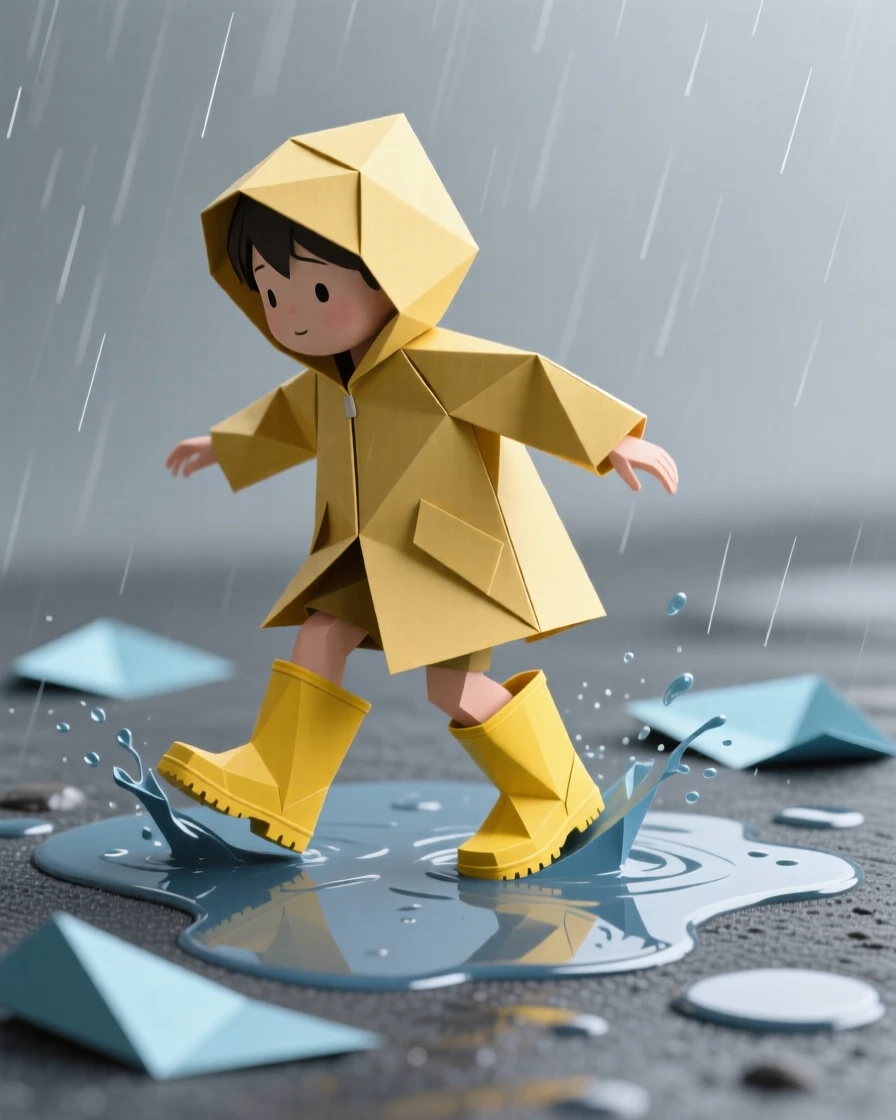 A child splashing through rain puddles in yellow rubber boots on a gray afternoon.
