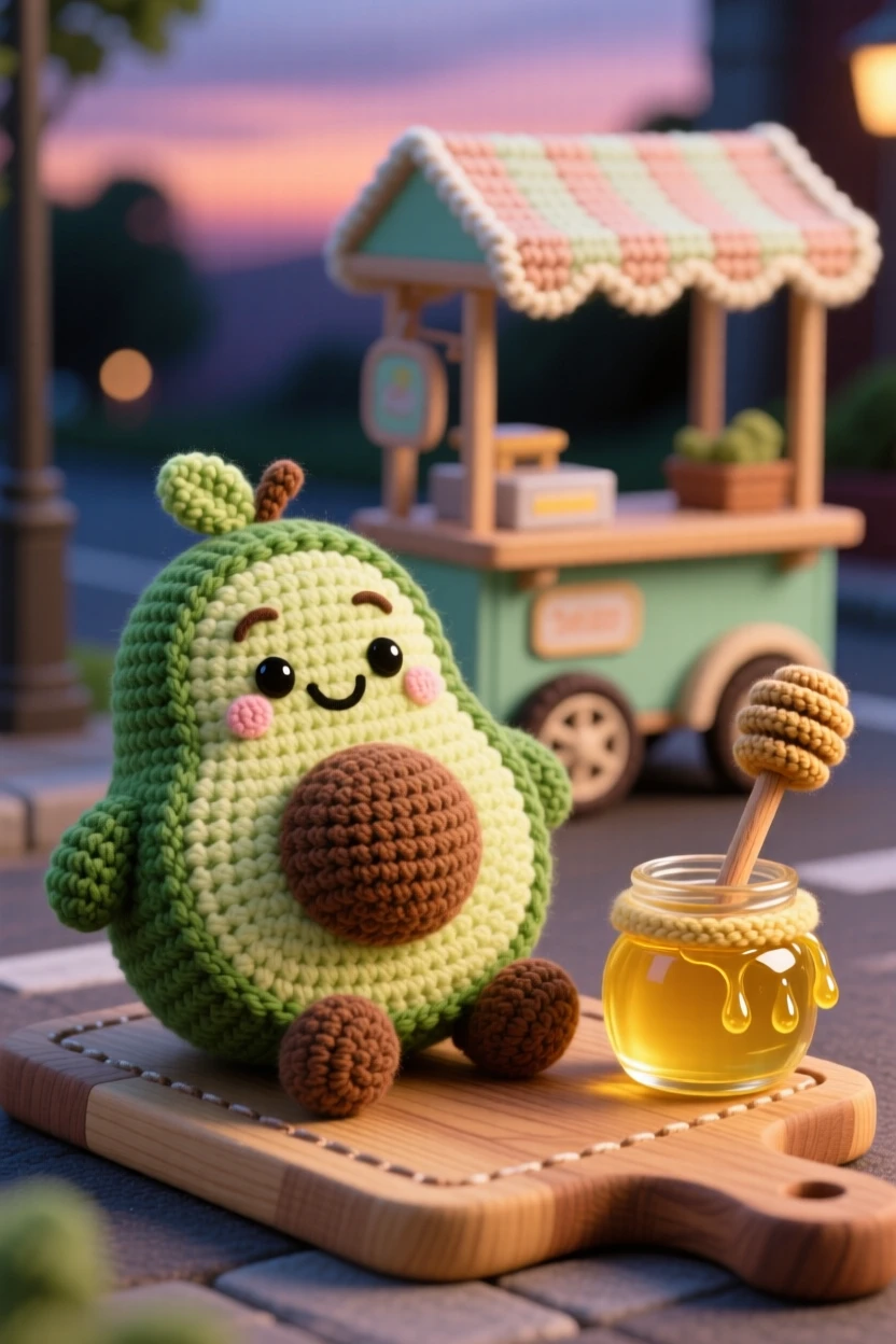 a happy avocado character, with a small pit smiling from the center, sliced open on a wooden cutting board, displayed in a small street food cart at dusk, with a small jar of honey with a wooden dipper, radiating bright, appetizing cheerfulness.