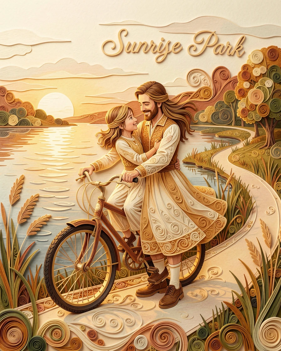 A heartwarming moment of a father teaching his daughter to ride a bicycle beside a calm lake at sunrise, in soft, cozy tones of amber and cream, composed with the subjects gently embracing at the center.