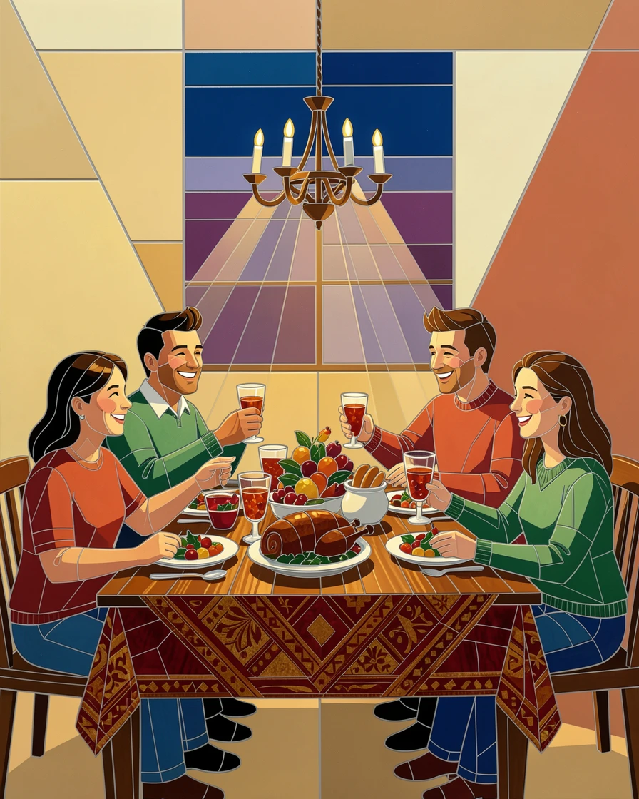 A family gathered around a table for a warm holiday dinner, filled with warm light, motion, and joyful energy.
