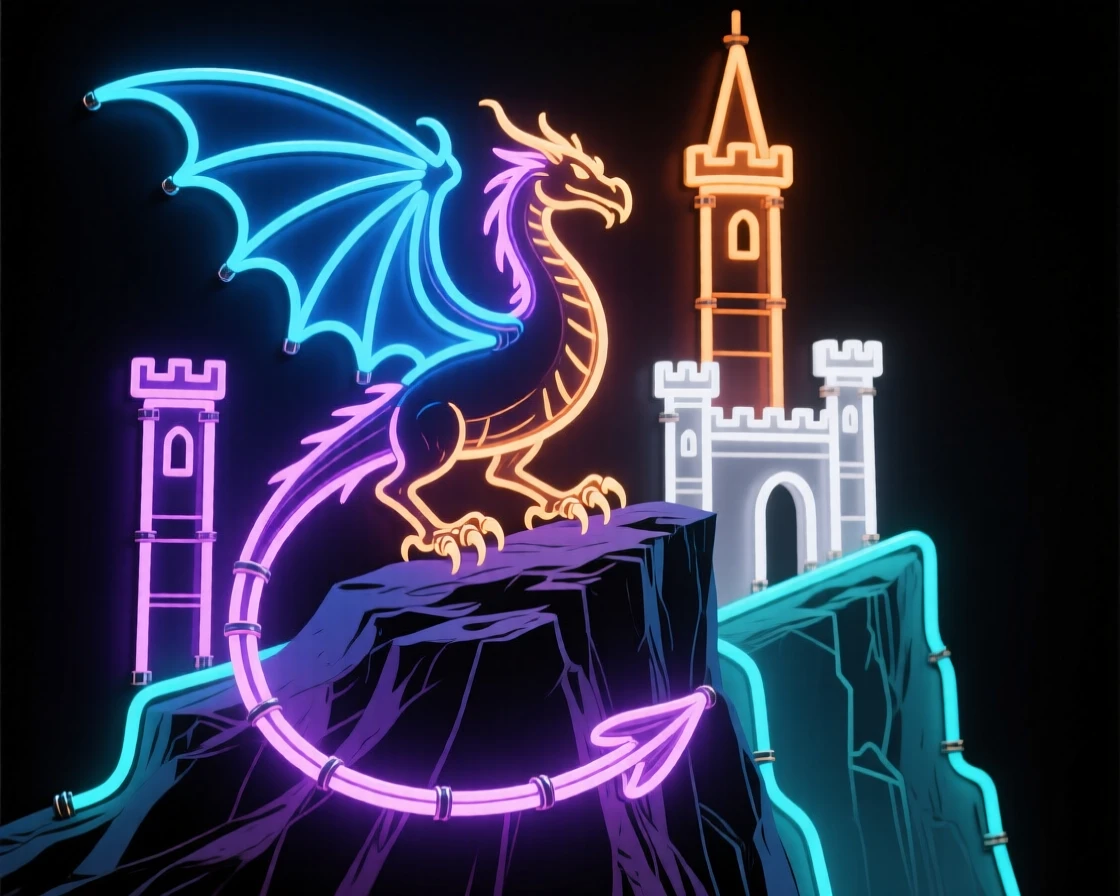 A wyvern circling the towers of a cliffside stronghold.