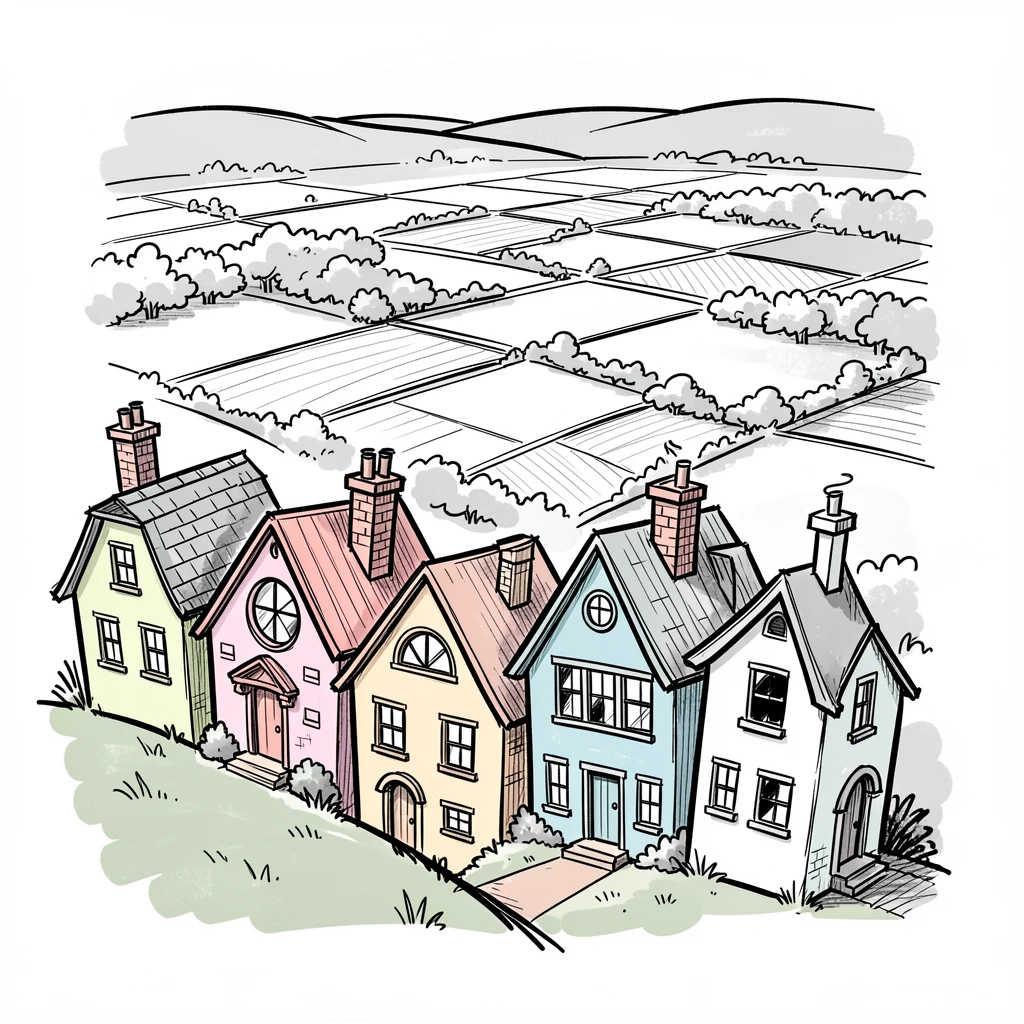 A row of pastel-colored houses on a hillside overlooking a patchwork valley.