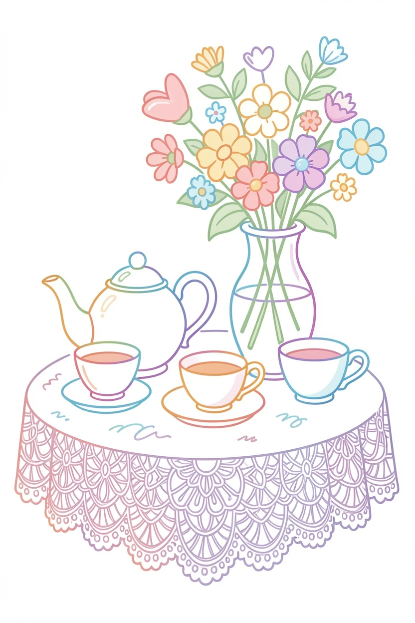 A tea set arranged on a lace tablecloth beside a vase of fresh flowers.
