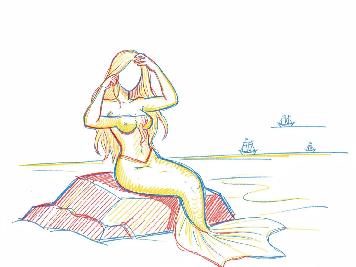 A mermaid combing her hair on a rock as ships pass in the distance