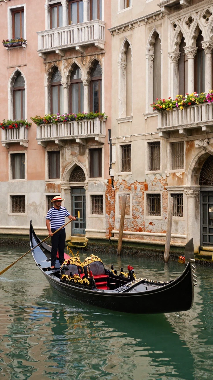 A traditional gondola drifting past ornate Venetian palaces