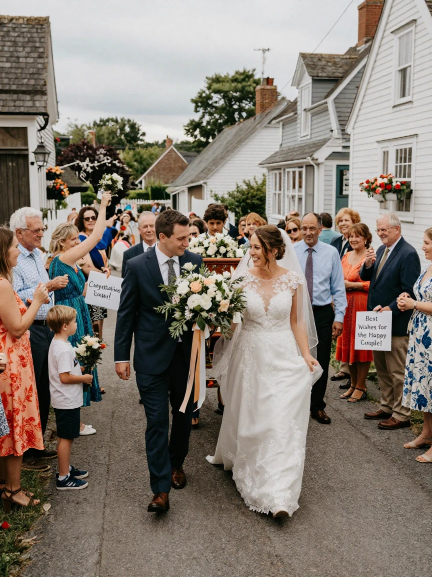 A traditional wedding procession carries a bride through a village on a decorated litter.