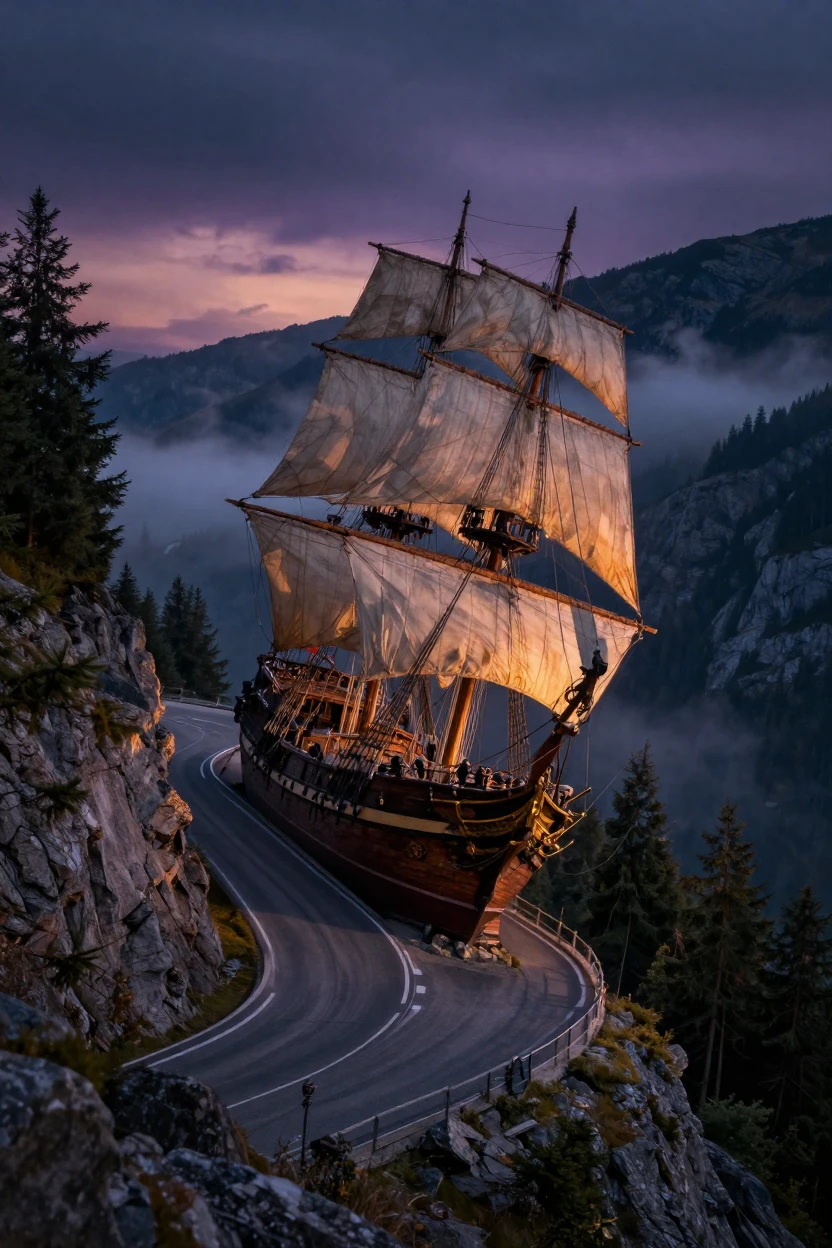 A tall-masted sailing ship climbing a steep alpine road under a darkening evening sky