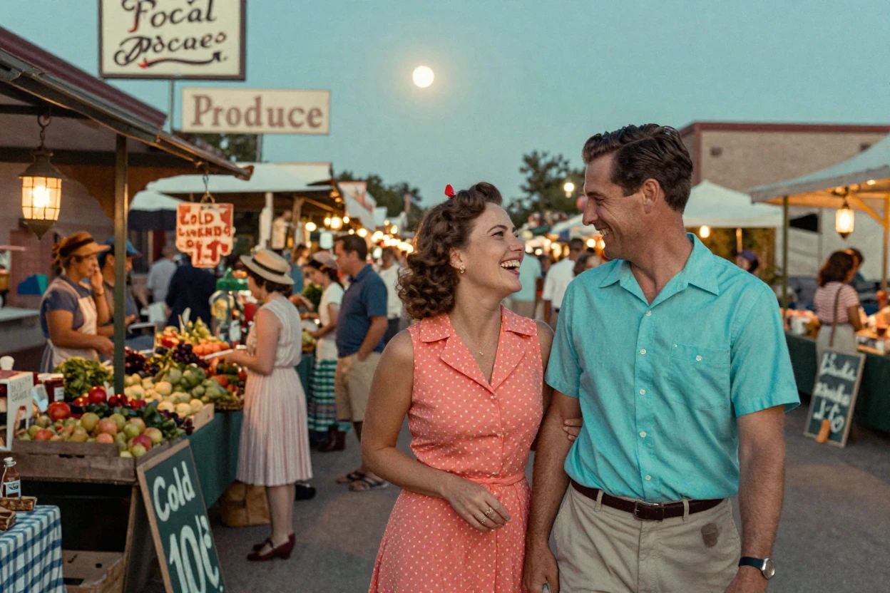 An engaged couple laughing together at a bustling street market, under moonlight, in crisp, dry air, in the height of summer, in vivid coral and turquoise hues, viewed from across the room.