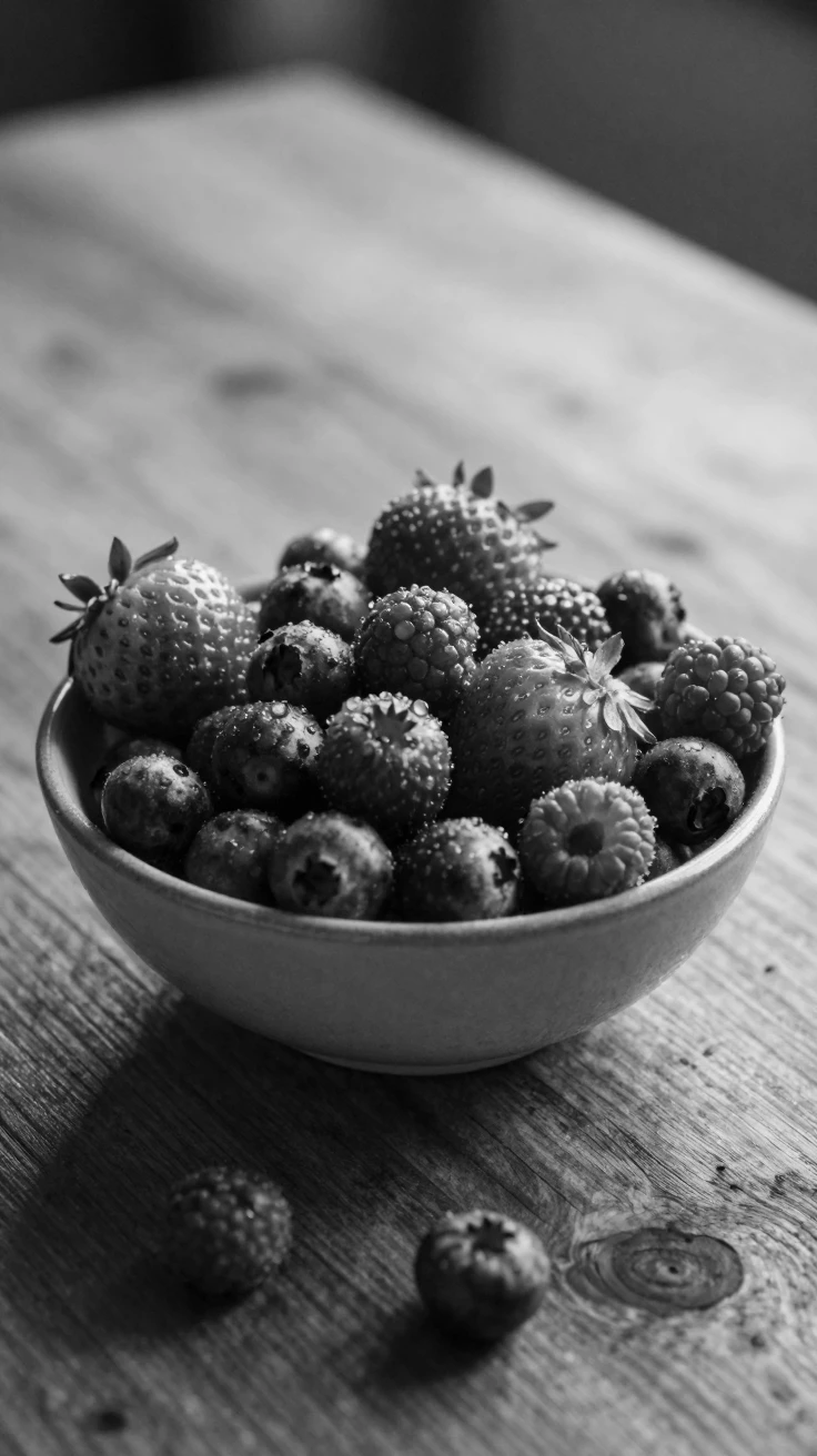 A bowl of fresh berries glistens under the morning light on a rustic wooden table.