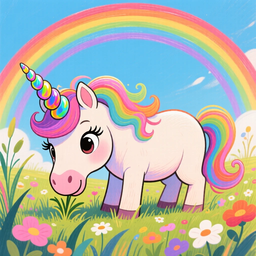 A unicorn grazing peacefully in a meadow beneath a double rainbow.