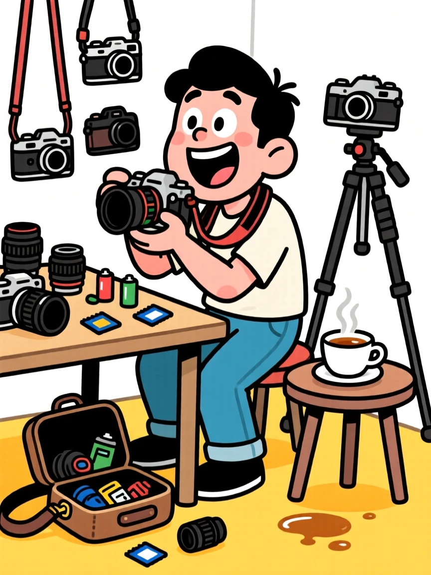 An everyday-life snapshot of a passionate photographer, surrounded by all the tools of their craft, with a cup of tea cooling nearby.