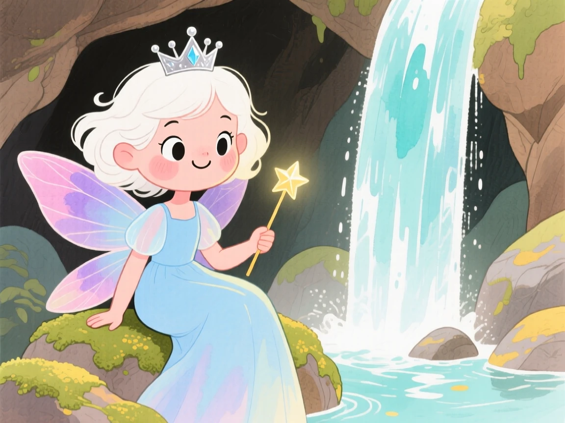 A fairy godmother sitting beside a crystal-clear waterfall in a hidden grotto