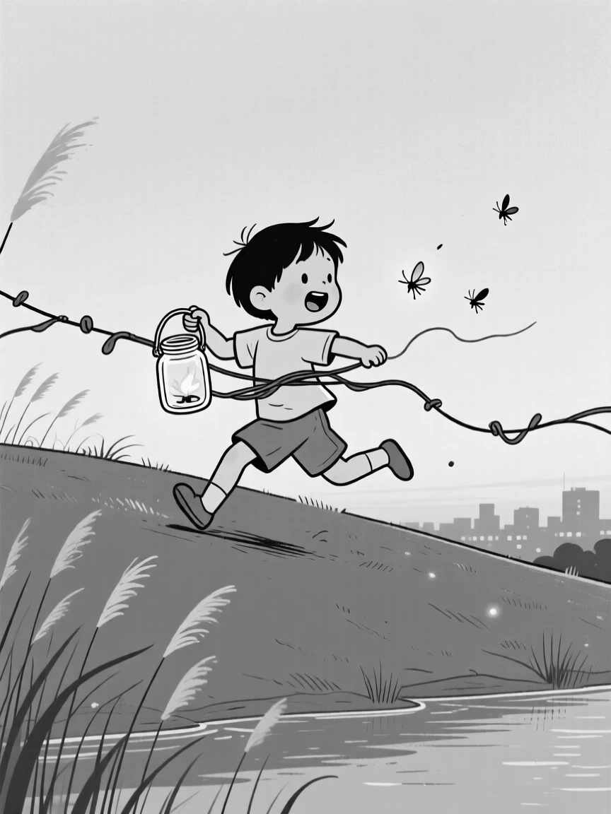 A child chasing fireflies with a mason jar, getting hopelessly wrapped up trying to fix the tangle, set atop a hill far from city lights. Reeds sway gently at the water's edge. The image feels like a breath of fresh outdoor air.