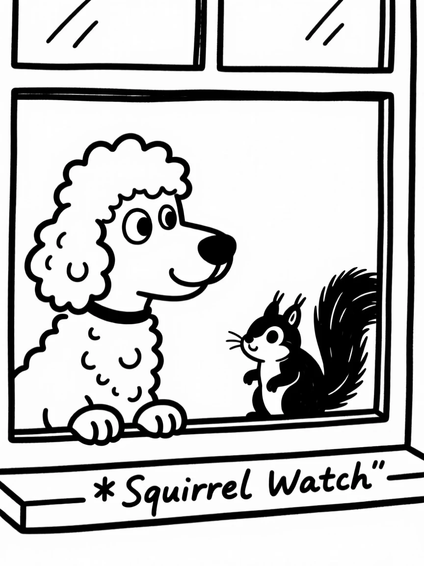 A poodle watching a squirrel through a window, paws pressed to the glass.