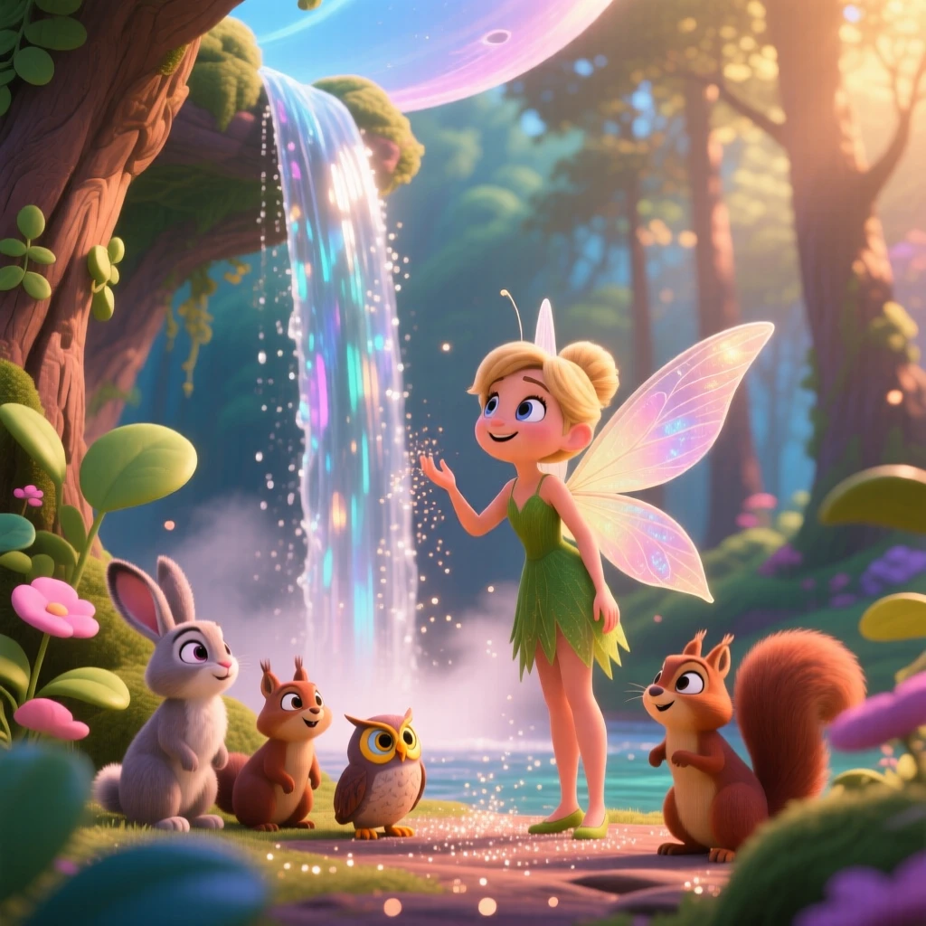 A curious fairy stands beside a waterfall that flows upward into the sky, whispering to woodland creatures gathered nearby. A quiet magic hums softly throughout the scene, with a trail of glimmering dust following each step.