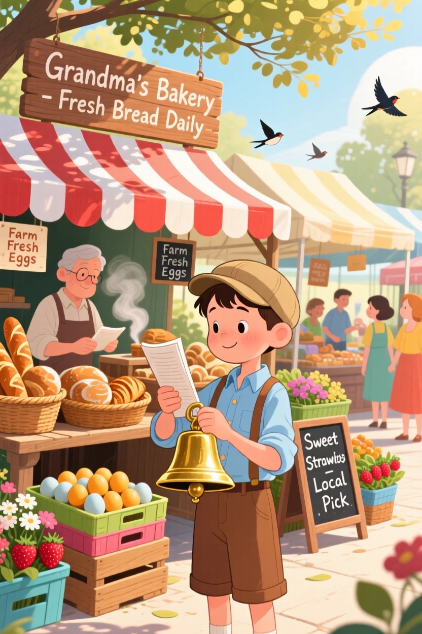 A paperboy on his morning route pauses while polishing an old brass bell in a sunny farmers market, with the smell of fresh bread drifting through the air.