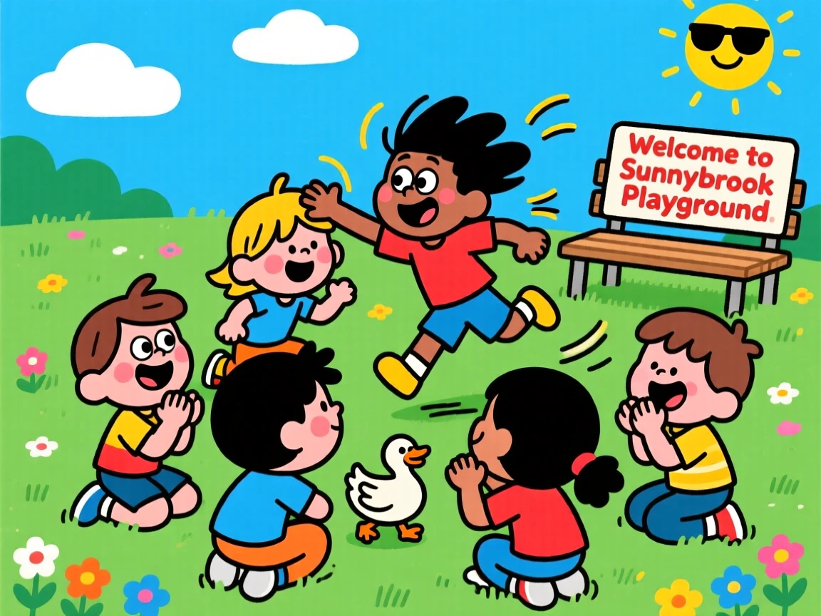 A group of kids playing a rousing game of duck duck goose.