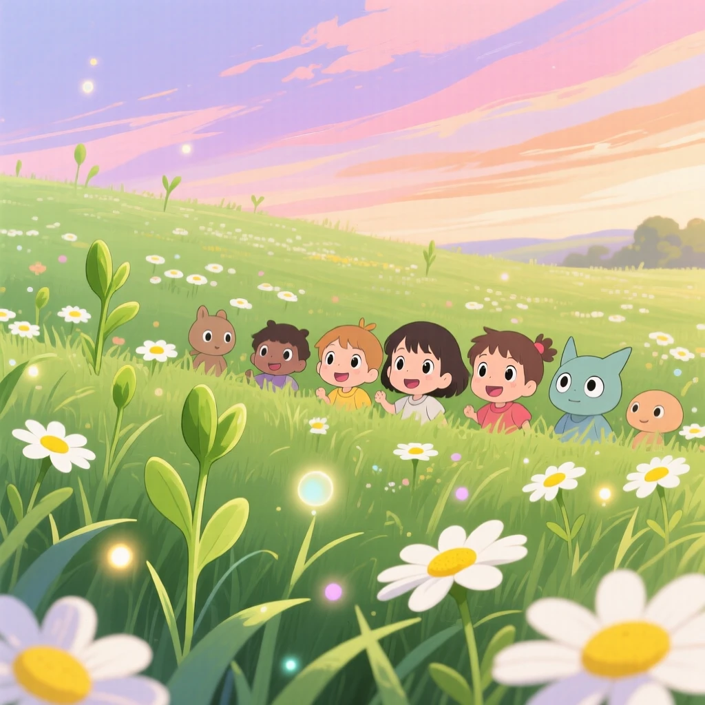 A spring scene of a meadow filled with fresh green shoots and scattered daisies, under a sky streaked with color.