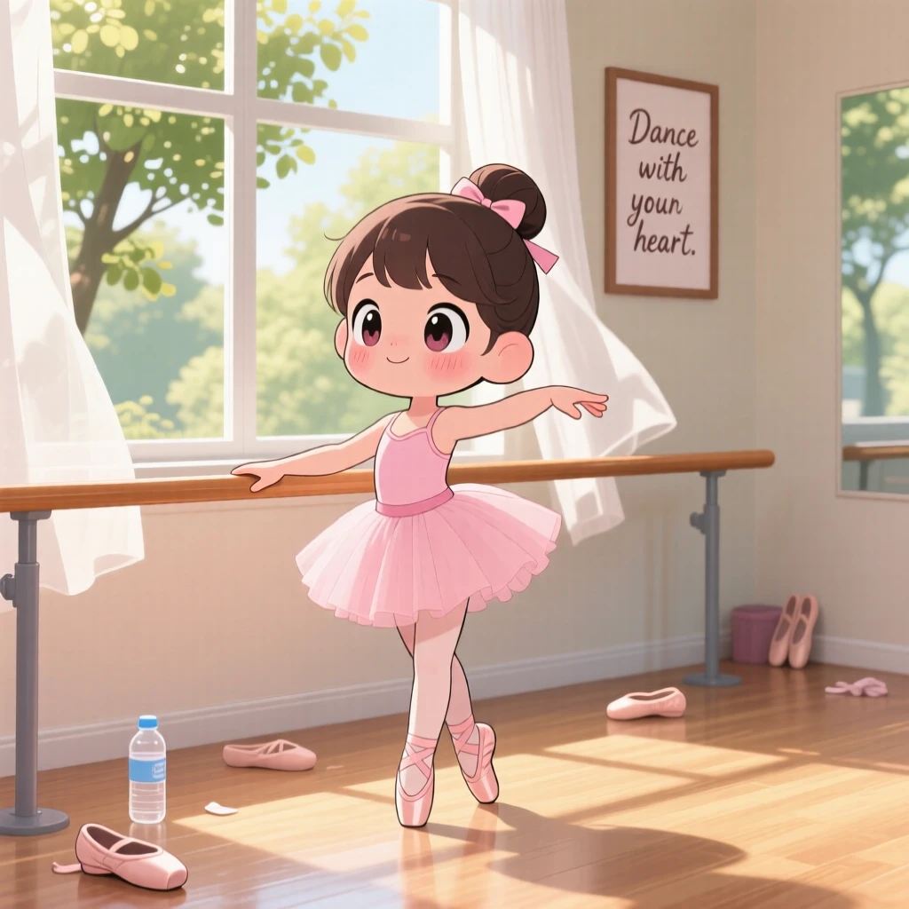 A little ballerina practicing at a barre with focused determination in a sunlit dance studio during a light summer breeze; warm morning light filtering through leaves washes over the scene as curious excitement fills the moment. Full-body shot.