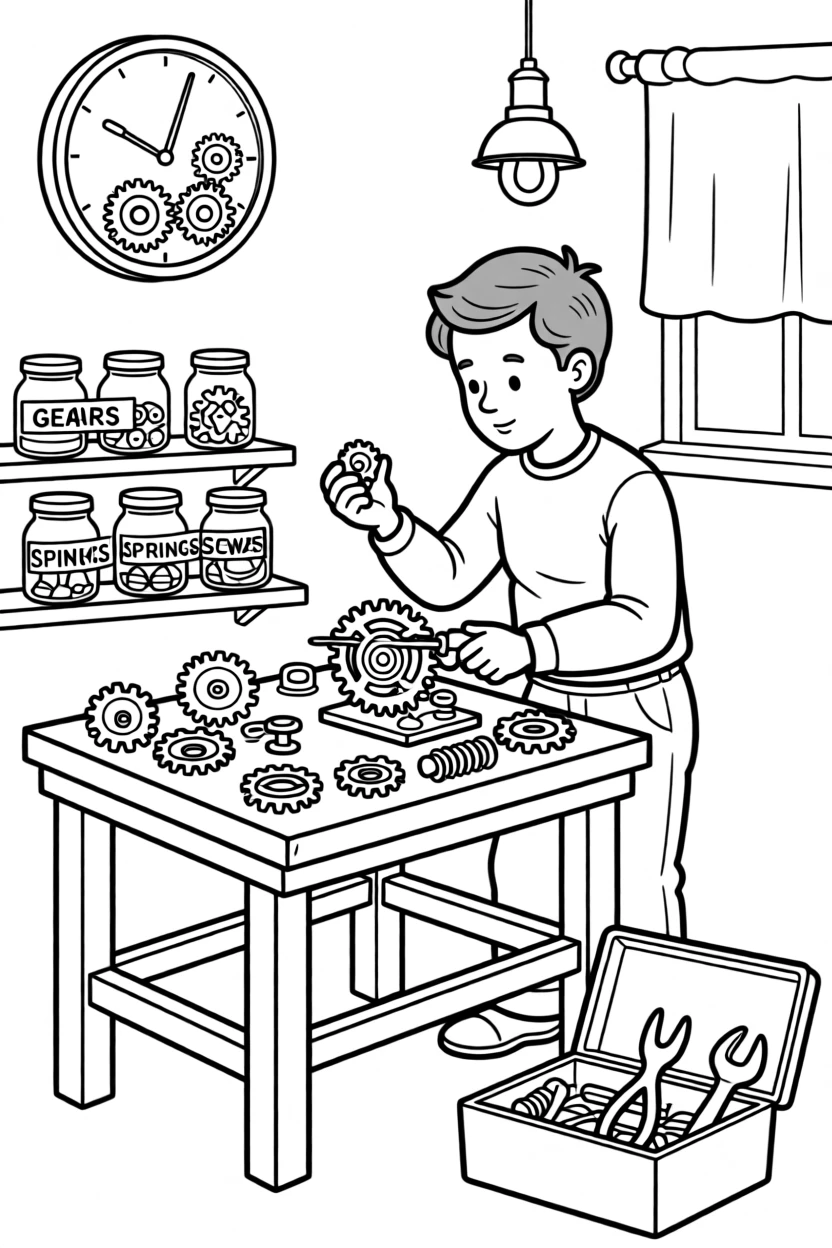 An inventor tinkering with gears and springs in a workshop