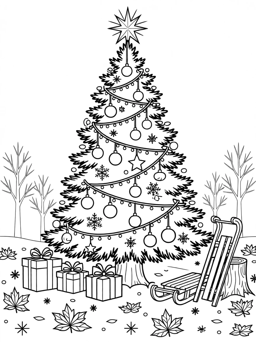 A Christmas tree decorated with ornaments and twinkling lights, with fallen leaves or snow scattered on the ground.