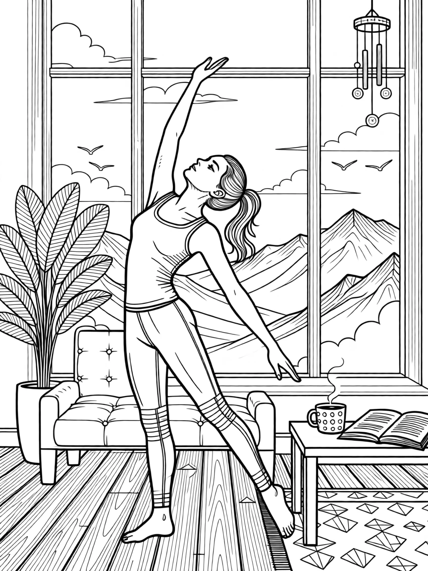 A woman stretching beside a window overlooking a misty mountain view.