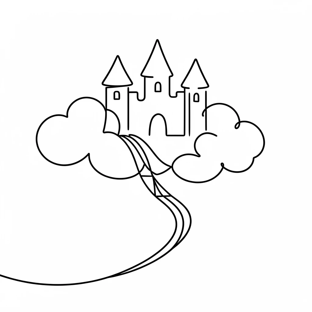 A castle floating among the clouds connected by a rope bridge