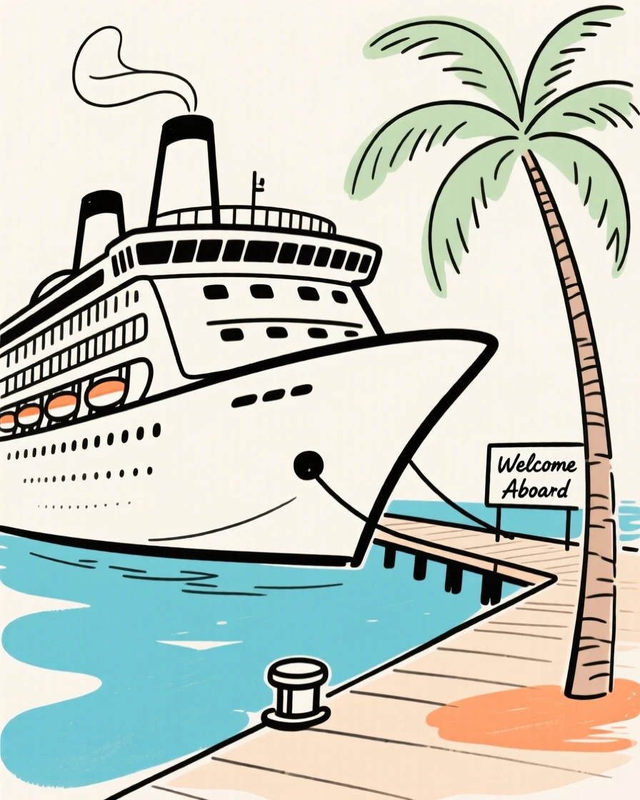 A cruise ship docked at a tropical port