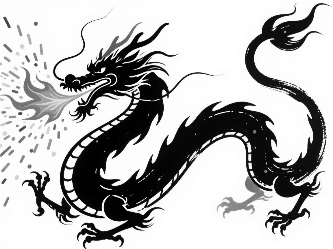 A dragon breathing fire that transforms into a shower of colorful sparks.