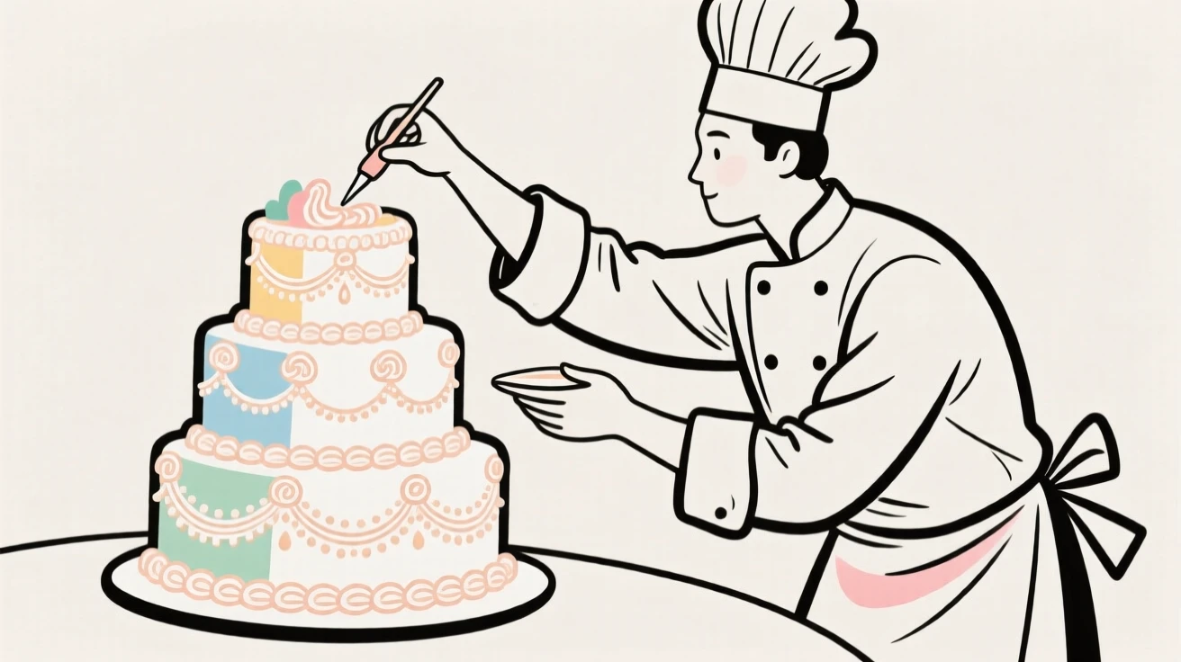 A chef decorating an elaborate wedding cake with delicate icing.