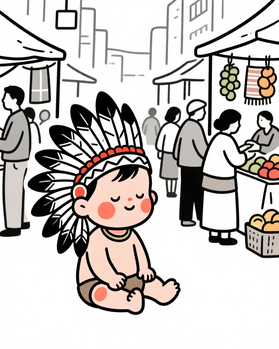 A baby boy wearing a Native American ceremonial headdress, looking serene and at peace, in a bustling city market.