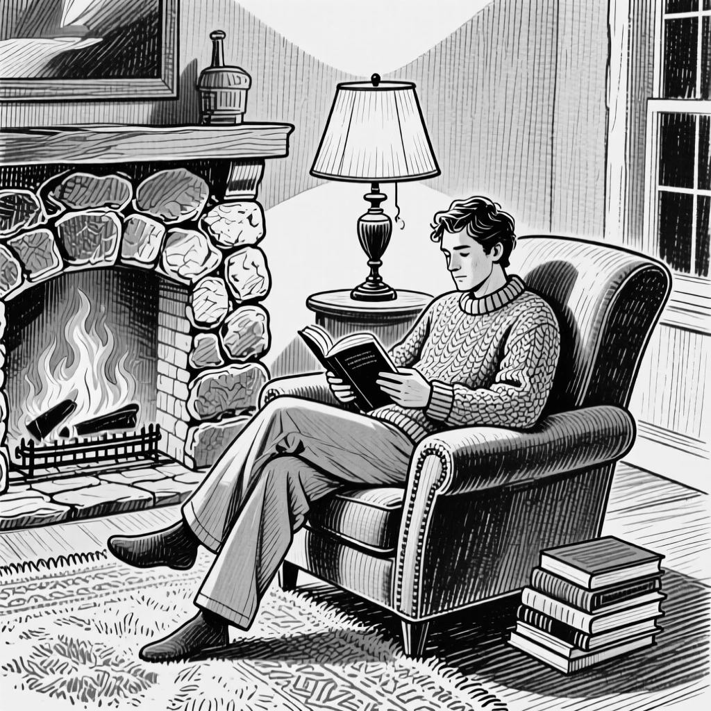 A reader curled up by a fireplace within a warmly lit living room, with the glow of a nearby lamp softening the scene, creating a tender and sincere lifestyle scene.