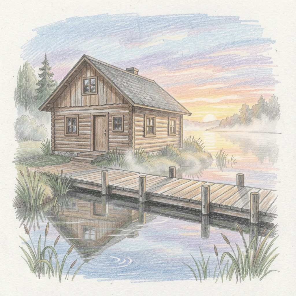 A lakeside cabin dock at sunrise with mist rising off still water, with a gentle play of light and shadow across the composition, celebrating a moment people would love to revisit.