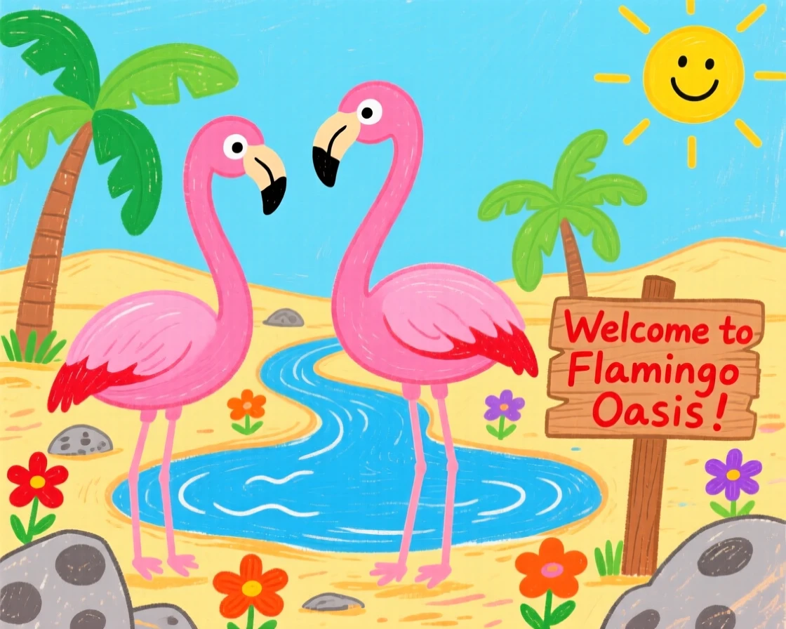 A flamboyance of pink flamingos near a winding desert oasis.