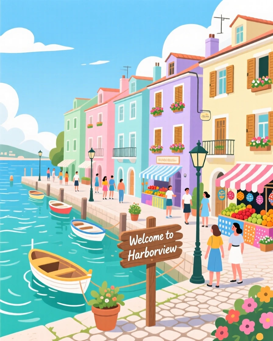 A row of pastel-colored houses along a coastal harbor, surrounded by vibrant local color and charm, framed to highlight the destination's unique character, with a joyful, adventurous atmosphere.