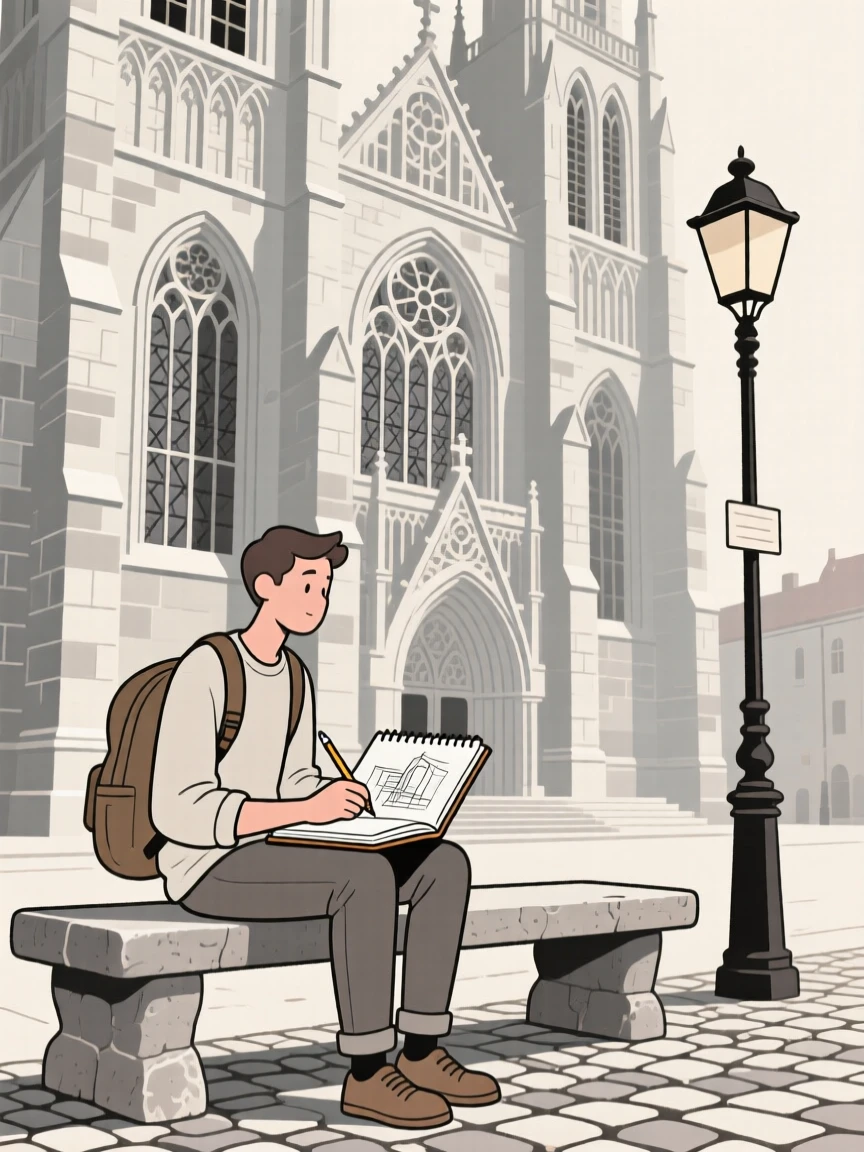 A traveler sketching in a notebook near a historic cathedral.