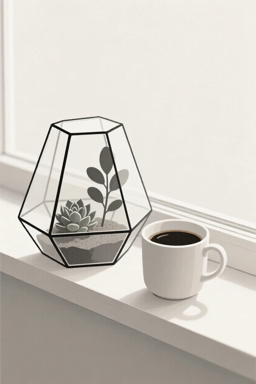 A close-up study of a glass terrarium placed beside a cup of coffee on a windowsill in soft light, full of nostalgic charm.