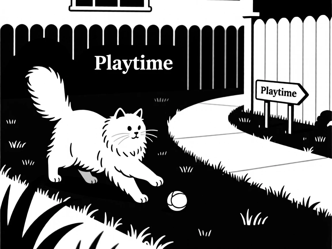 A fluffy Persian cat playing fetch in a backyard.