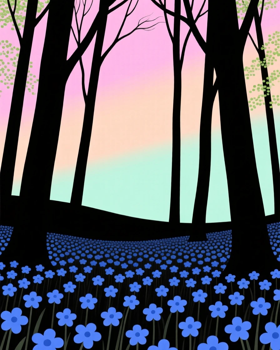 A quiet forest clearing filled with a carpet of bluebells in spring.